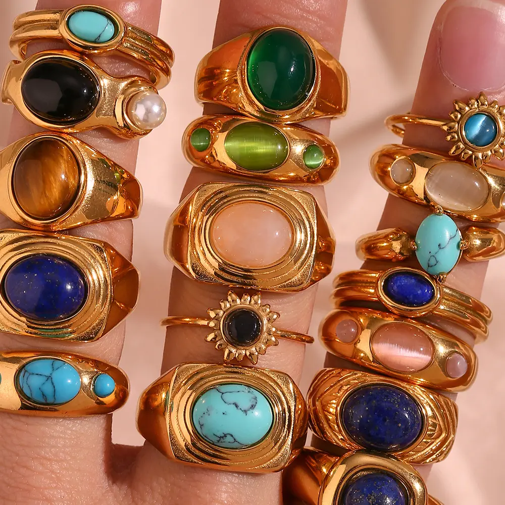 Nuevo diseño, conjunto de anillos de piedras preciosas coloridas, anillo de acero inoxidable chapado en oro PVD, joyería llamativa