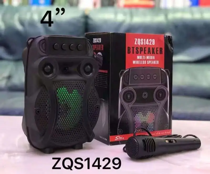 Zqs1429 karaoke dj portátil 4 polegadas, player de áudio, recarregável, caixa de som com luz led mutável