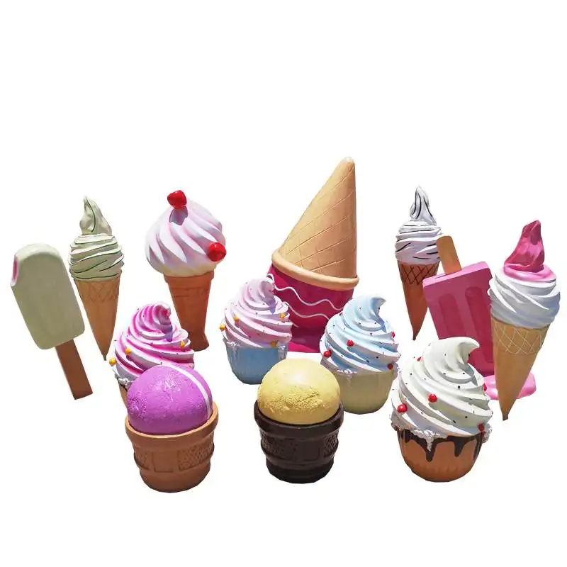 Adereços de sobremesa de fibra de vidro para exterior, modelo de comida artificial, estátua de cone de sorvete de resina para venda