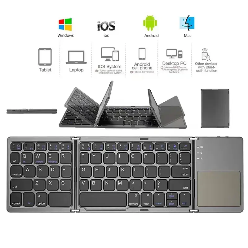 Sıcak satış ince kablosuz Bluetooth klavye Ultra ince katlanabilir klavye Touchpad Tablet PC için taşınabilir Mini katlanır klavye