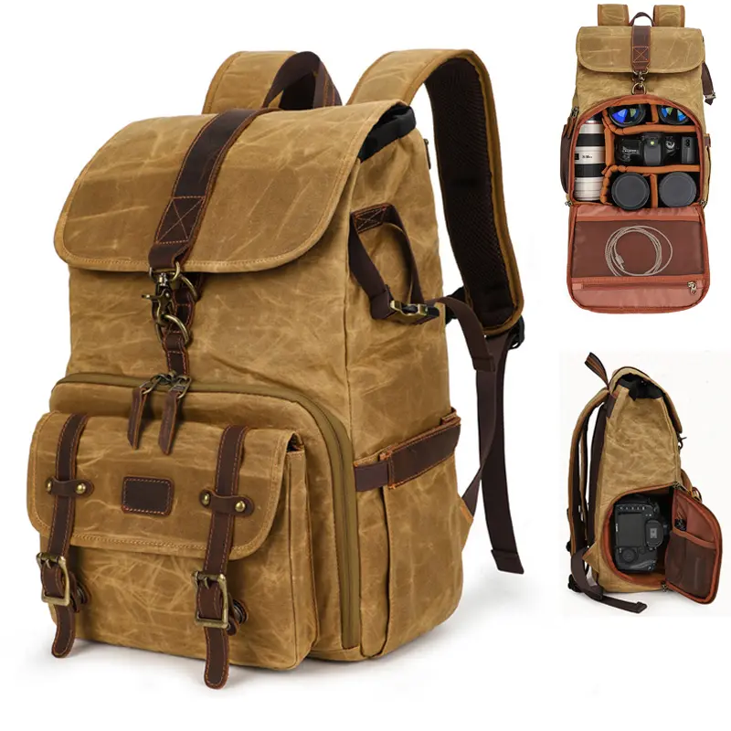 KOOGER Low MOQ Retro Photography SLR DSLR Camera Waxed Canvas Backpacks Travel Backpack Bag