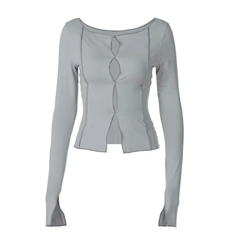 Automne gris hauts amples 2022 corée Style femme Streetwear solide cou t-shirts mode décontracté à manches longues chemise