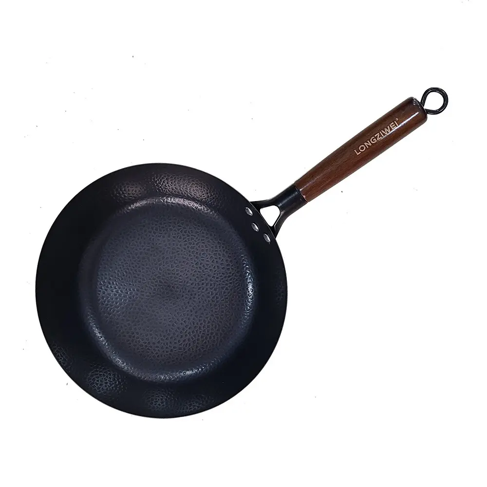 MU yeni tencere tek ahşap saplı Wok yüksek kalite geleneksel çin Wok 28cm özel Logo yuvarlak katı ahşap