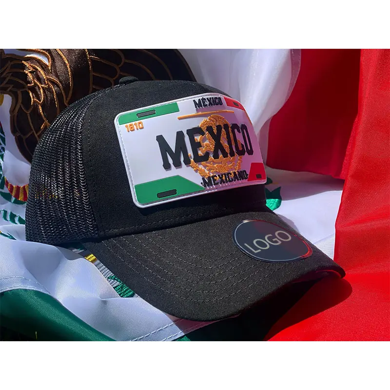 Venta al por mayor México logotipo de la matrícula Gorras Logotipo de PVC personalizado 6 paneles de malla negro gorra de camionero