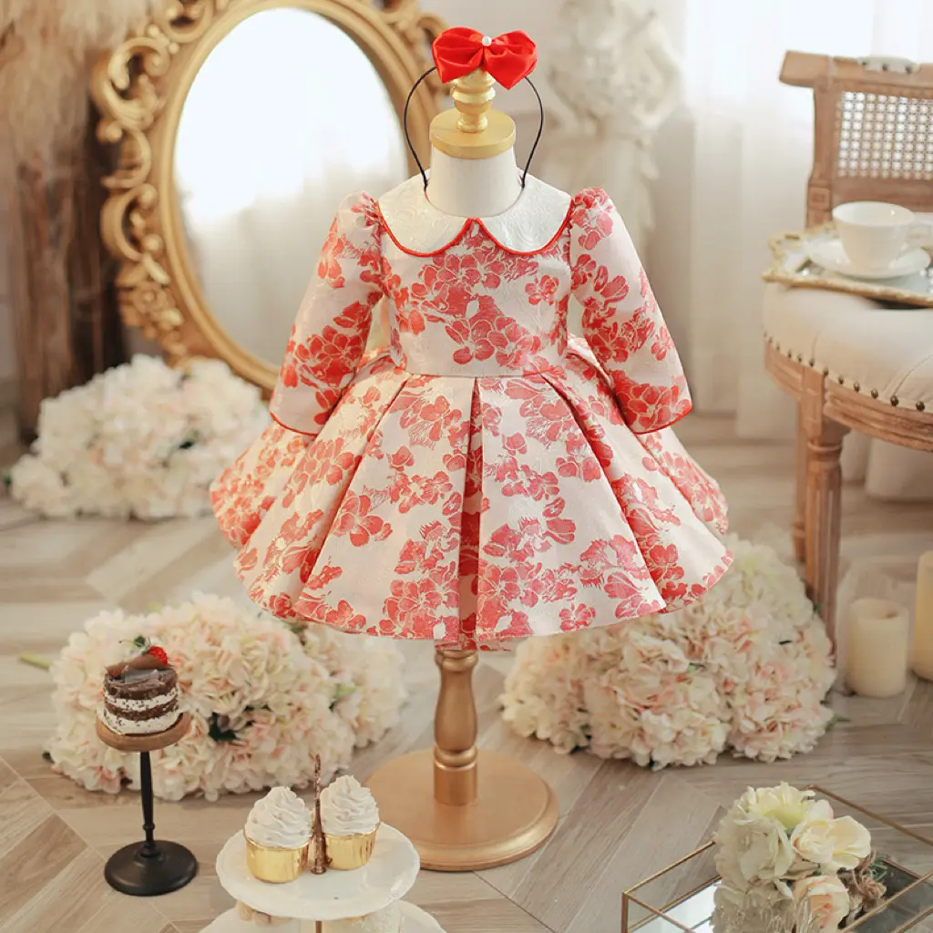 Robe de fête de Noël d'hiver en tissu jacquard rouge col claudine pour princesse, filles, enfants, robe de soirée, vêtements pour enfants