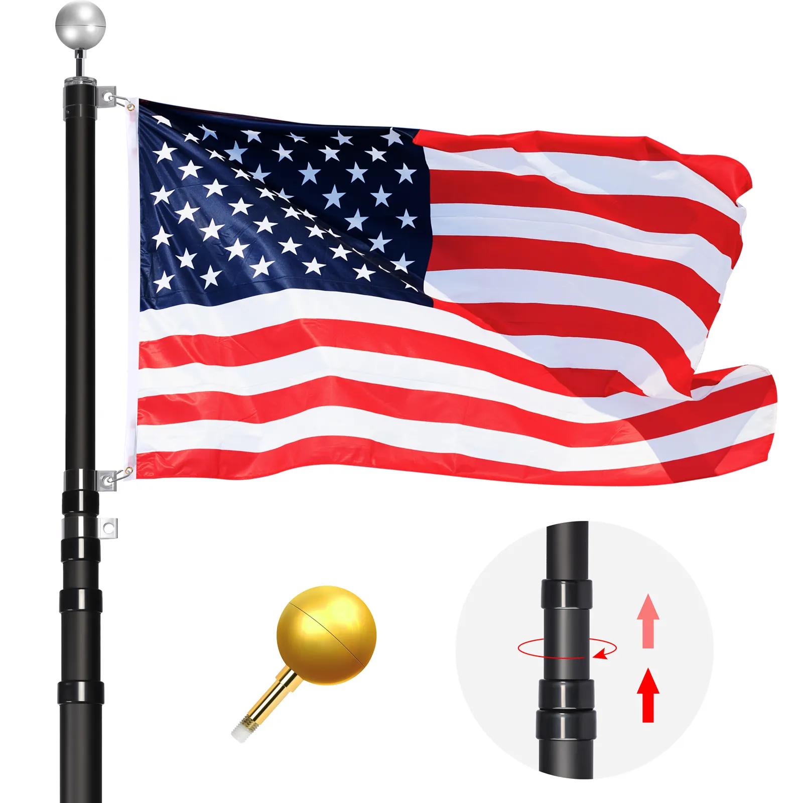 Poste telescópico con bandera, Topper de bola dorada/plateada, 20 pies, 25 pies, 30 pies
