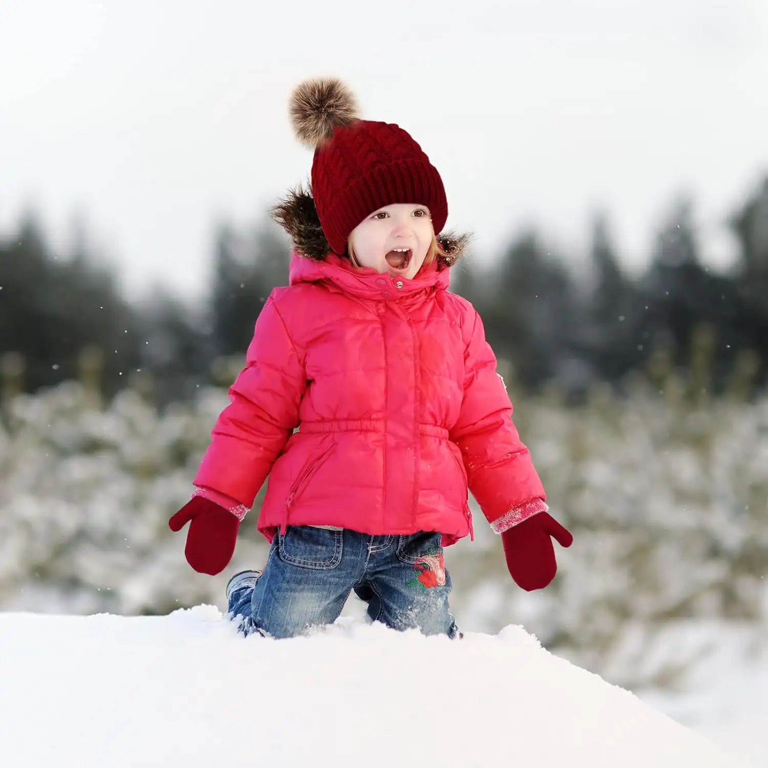 Personnalisé enfants hiver tricot belle mignon chaud thermique Pom chapeaux unsex Beanie chapeau gants écharpes cache-cou écharpe chapeau gant ensembles
