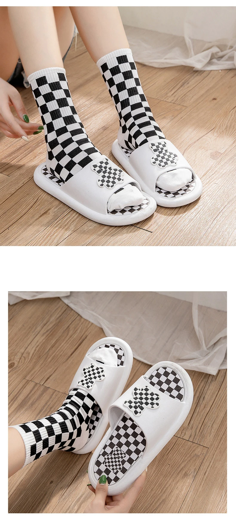 New Chess Plaid Bear Couple Slippers Outdoor Indoor Non-slip Soft Sole Girl Slippers Men