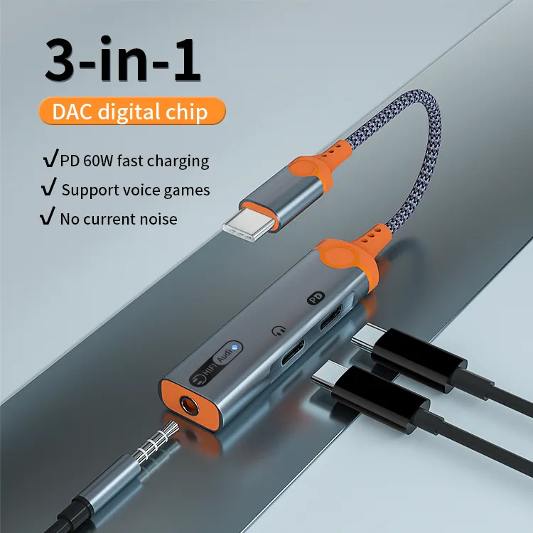 Convertitore per auricolari 3 in1 da tipo C a 3.5mm/doppio USB C con adattatore jack per cuffie Audio Aux DAC di ricarica PD 60w per iphone15