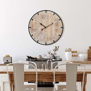 Boerderij Wandklok Huis Keuken Decoratieve Metalen Cirkel Cijfers Batterij Aangedreven Gegraveerd Hout Ontwerp - Product Image 5