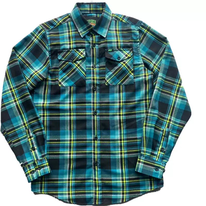 Camisa de franela a cuadros para hombre, etiqueta tejida personalizada, color verde y negro, con bolsillos