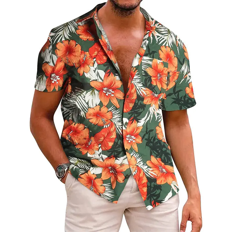 Camisa masculina estilo havaiano 3D estampada de manga curta, camisa casual floral Aloha personalizada