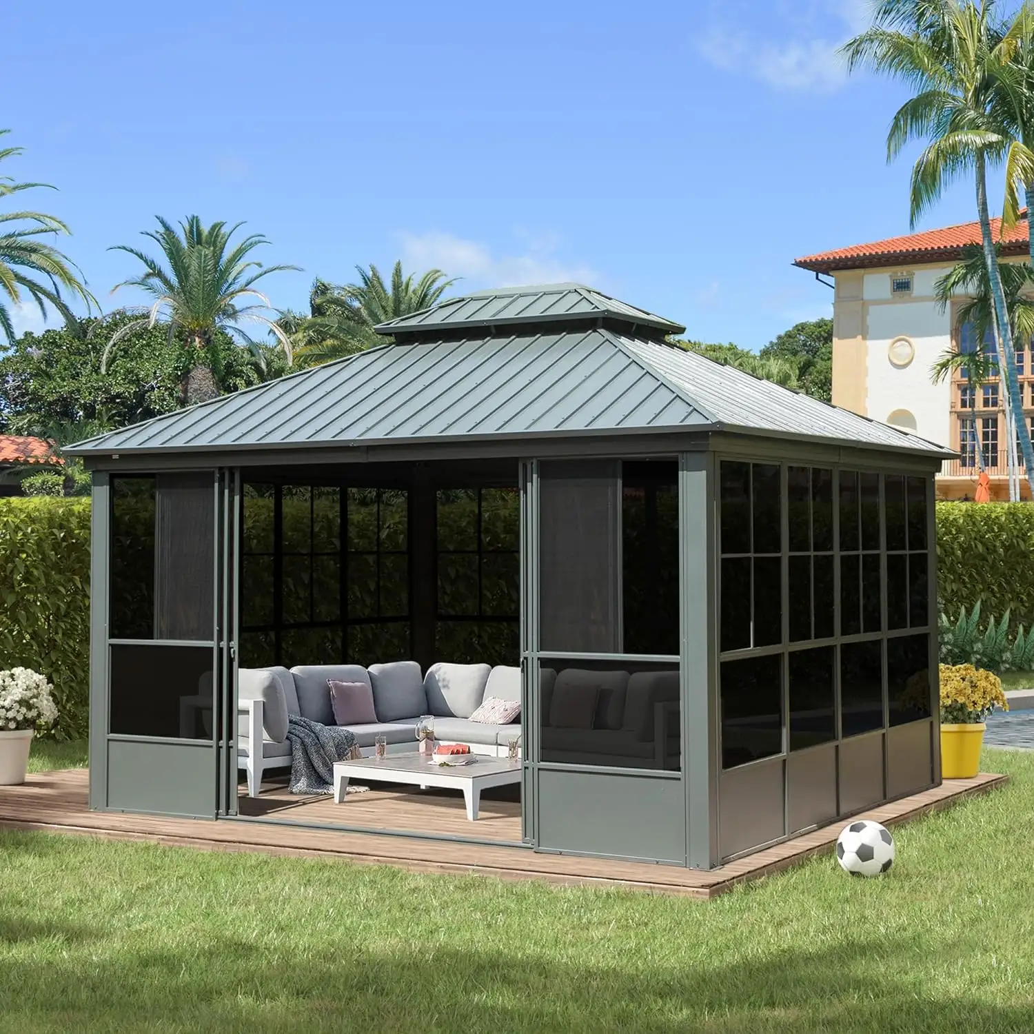 Bát giác solarium sunroom cho ngoài trời sân sau với có thể khóa cửa trượt mạ kẽm thép dốc mái