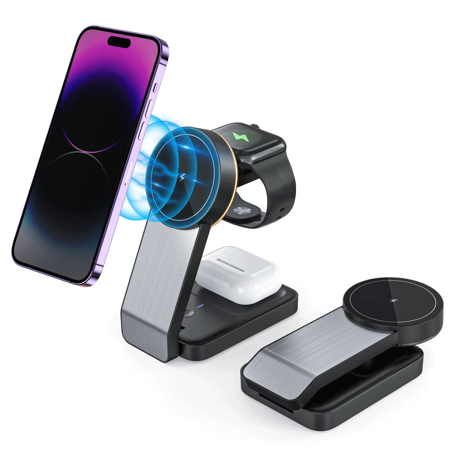 15W Foldable magnetic wireless charge Fast Charging Mobile Phone Holder Multi-function 3 In 1 Wireless Charger