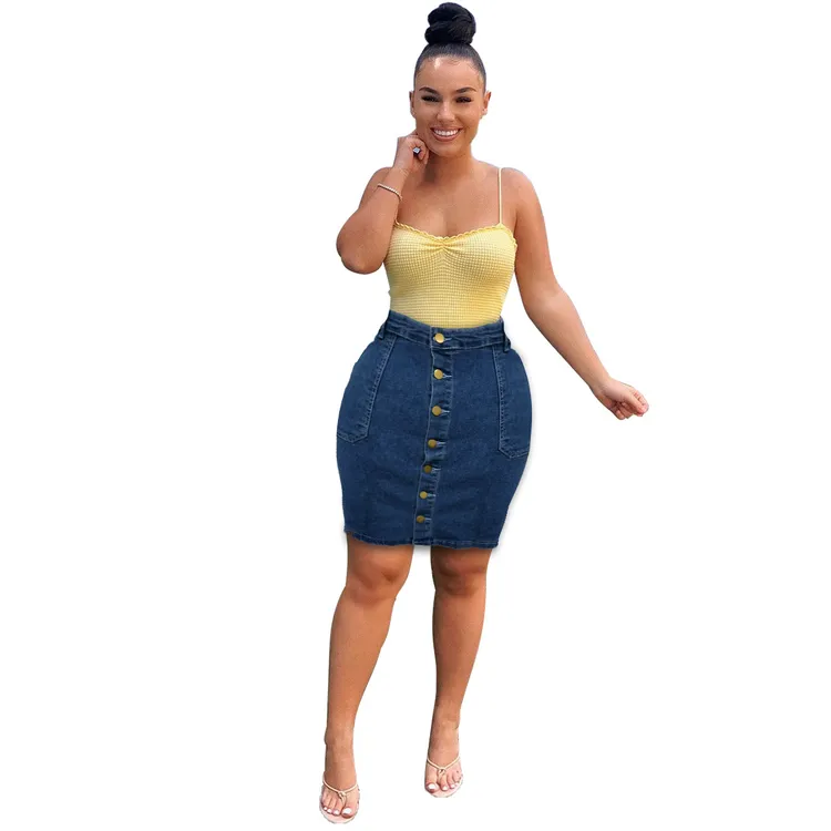 Wholesale New arrival women's cheap clothing front button mini denim jeans blue slim stretch skirt