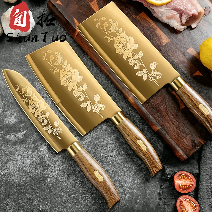 Pas cher multi japonais vert 9.5 7.5 intelligent 440c cuivre damas pain arc couteau de cuisine ensemble couteaux pour couper la viande