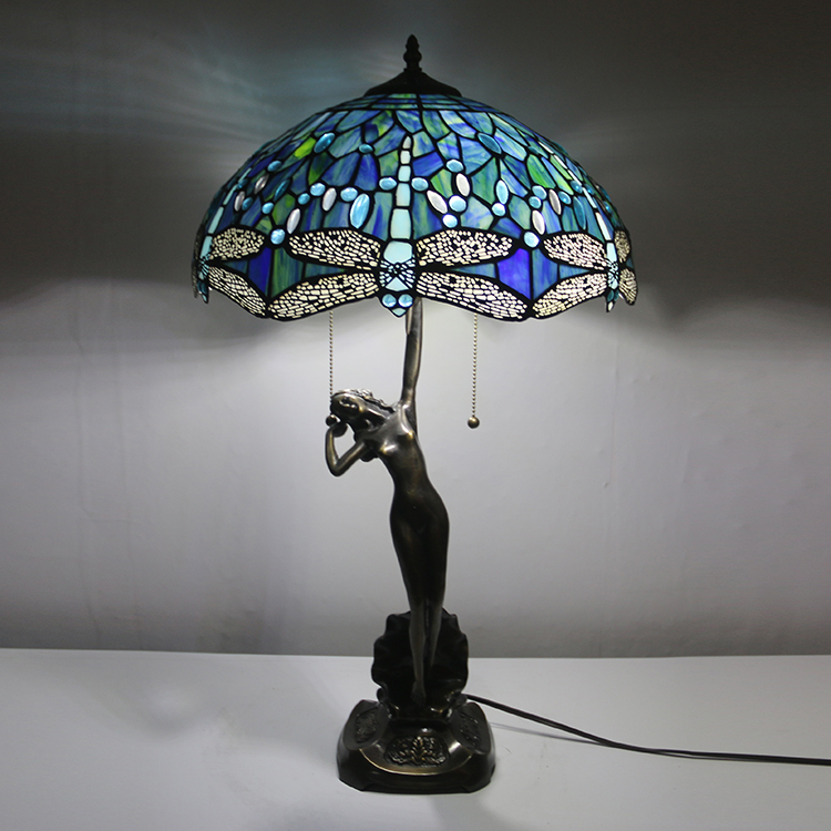 LongHuiJing Retro Dragonfly Stained Glass Table Lamp 16Inch 2Heads Pull-Chain Night Stand Light with Women Sculpture
