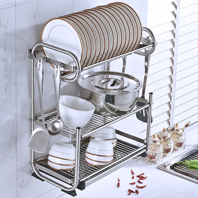 Cozinha Organizador Floor-standing Dish Bowl Secagem Rack Suporte De Armazenamento 304 Aço Inoxidável Prato Secagem Rack Montado Na Parede com Gancho