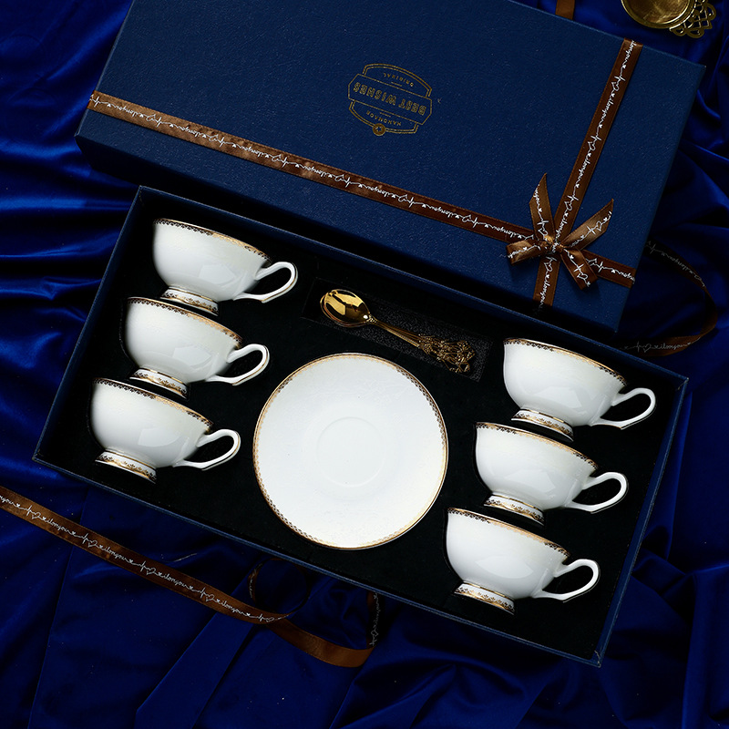 Embossed gold exquisite gift box (blue 6 cups dish spoon)
