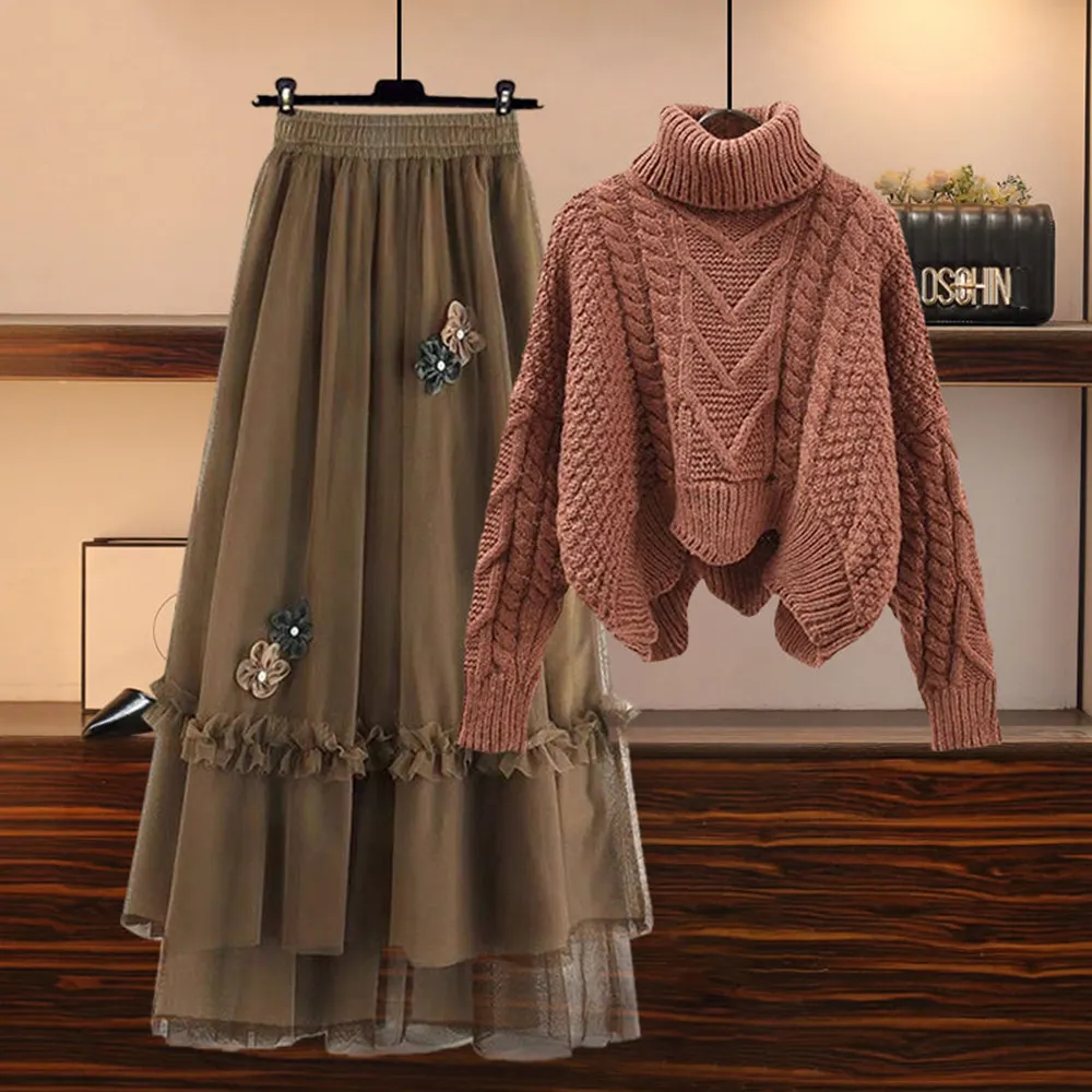 Conjunto de fitness informal estilo Hong Kong para mujer, suéter de punto pequeño, media falda de malla, talla 4XL, conjunto de invierno Retro de dos piezas para niñas