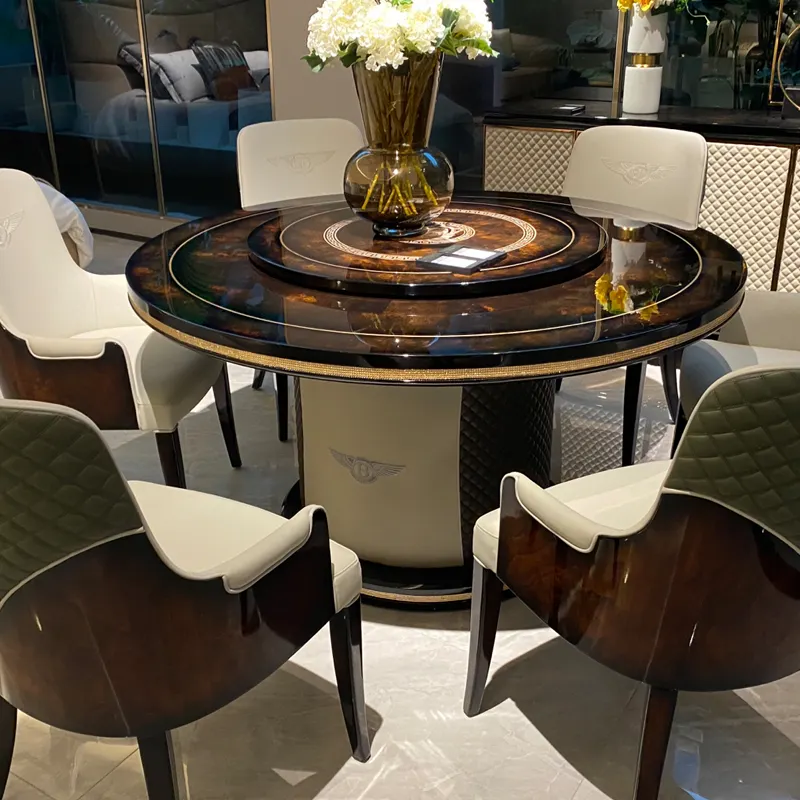 Table et chaises de salle à manger de luxe en marbre rond léger, cadre en bois antique, meubles turcs