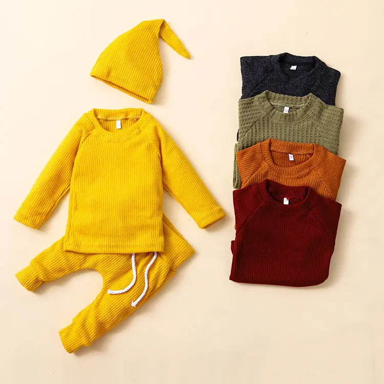 Otoño Invierno bebé recién nacido 3 uds conjuntos de ropa de manga larga de hilo tejido suéter pantalones sombreros bebé niñas y niños ropa completa sólida