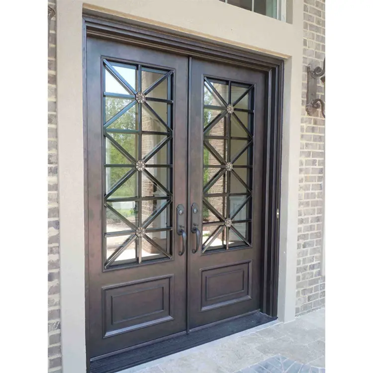 Modern Fashion Steel Entrance Double Glass Metal Wrought Iron entrance door