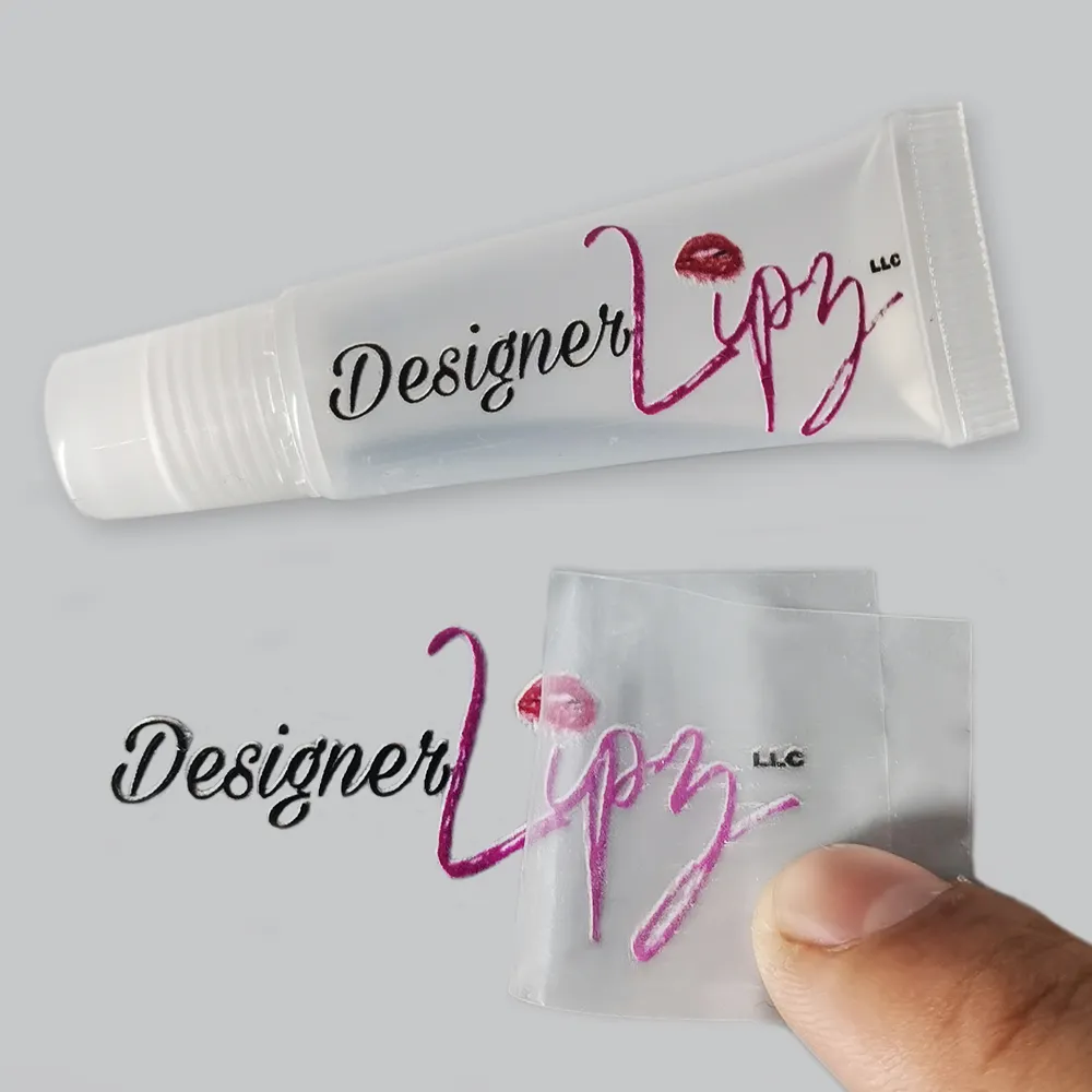Custom Transparante Uv Merknaam Logo Transfer Sticker Namen Groothandel Lipgloss Buizen Private Label Afdrukken Verpakking