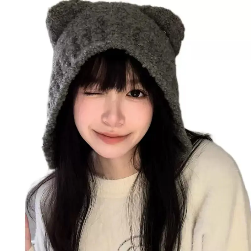 Women's Cotton Knitted Beanie with Cute Teddy Bear Ears Korean Style Autumn Winter Big Head Circumference Ear Protection Hat
