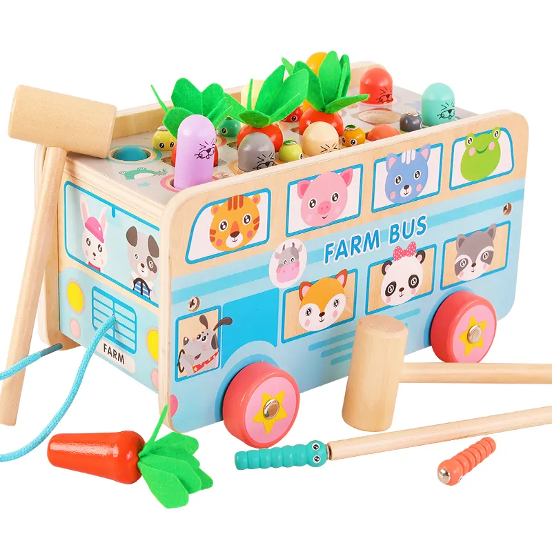 لعبة سيارة خشبية للأطفال, سيارة خشبية متعددة الوظائف مزرعة الجزرة حافلة سيارة أطفال يطرق الهامستر لعبة سيارة للأطفال الصغار