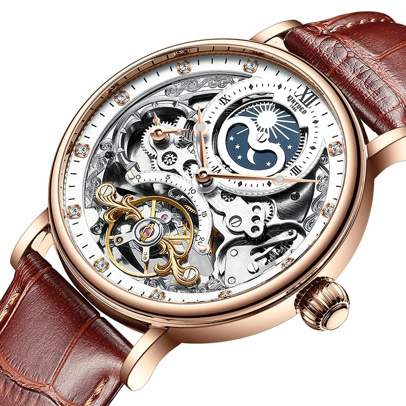 Jam tangan mekanis otomatis kustom modis tahan air Fase Bulan es mewah kulit pabrik jam tangan Tiongkok kualitas tinggi untuk pria