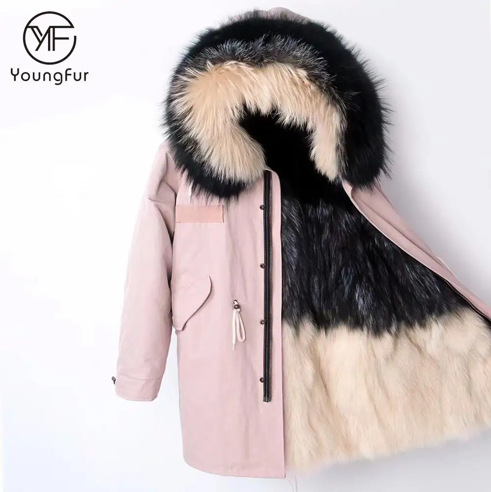 Jaket bulu wanita bertudung, jaket Parka hangat panjang warna merah muda populer gaya baru 2024
