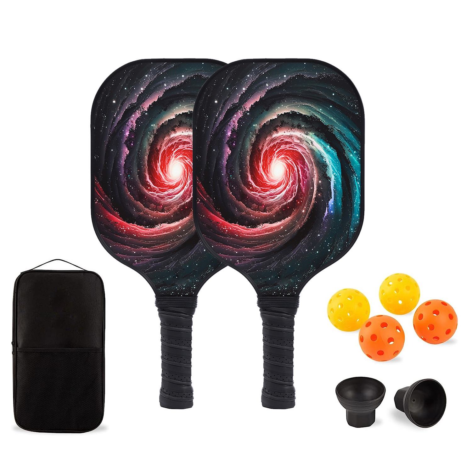 2 raquettes, 4 balles, 2 récupérateurs de balles, 1 sac