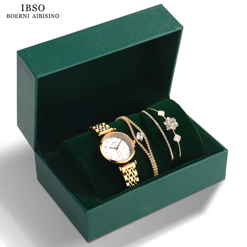 IBSO-Conjunto de relojes de malla de acero para mujer, pulsera analógica informal sencilla, regalo, caja de regalo, 3 uds.