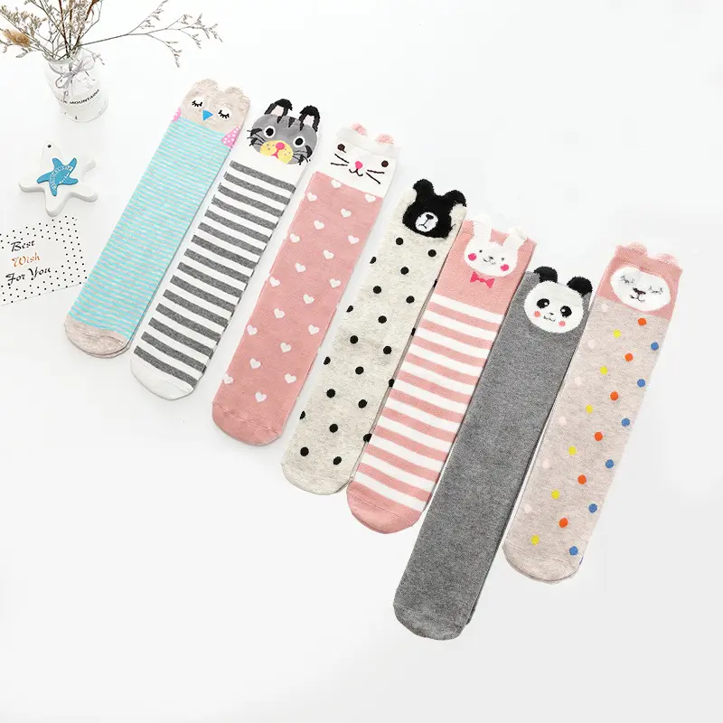 Chaussettes longues blanches personnalisées au genou pour filles, animaux de dessin animé, chaussettes à rayures d'école en été pour enfants, chaussettes tricotées au genou à hauteur standard