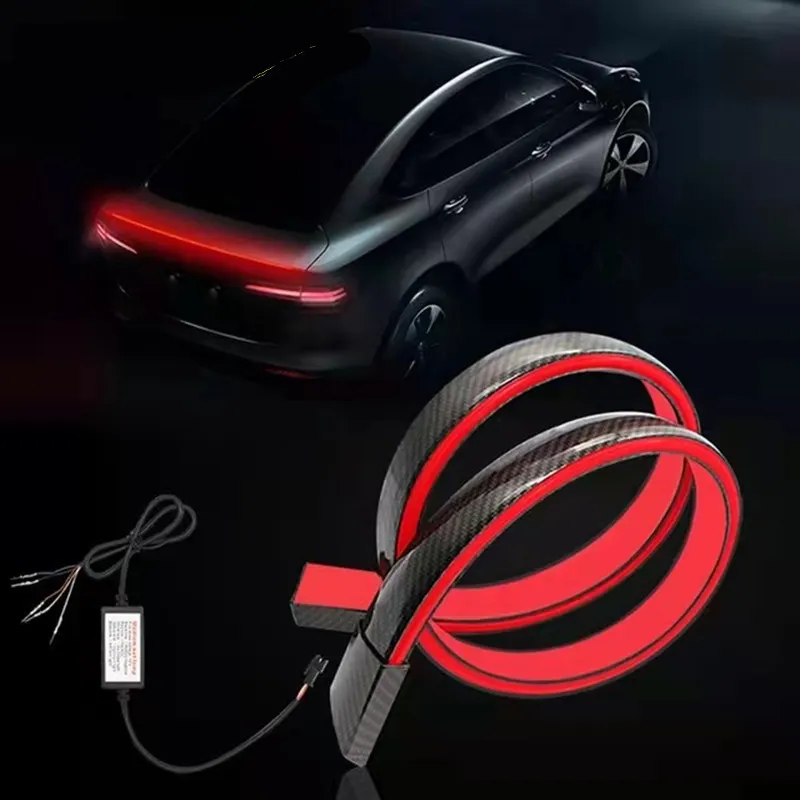 Car Trunk Tail Brake LED Light Carbon Fiber Rear Warning Strip Lamp Flexible Soft Strip Tail Wing Lips Flowing High Brake Light