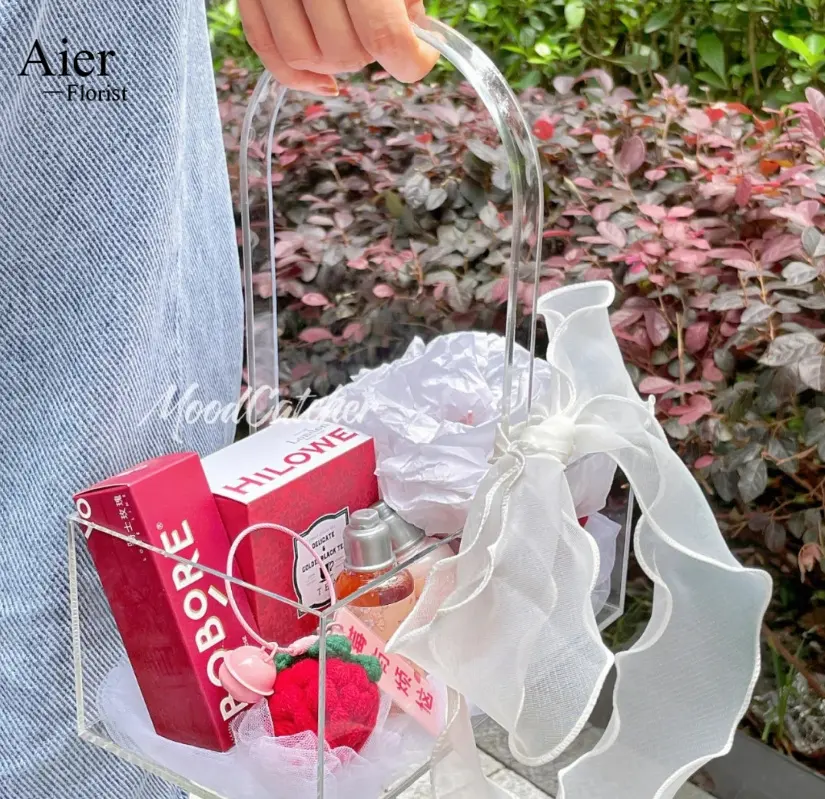 Aierflorist ใหม่กล่องของขวัญอะคริลิคเจาะสูงดอกกุหลาบดอกไม้นิรันดร์โปร่งใสกล่องของขวัญอะคริลิควันวาเลนไทน์