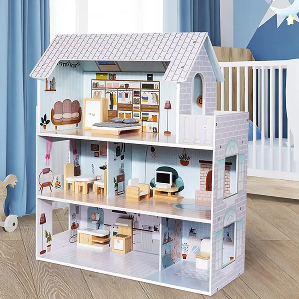 Houten Fantasieblauwe Poppenkamer Poppenhuis Speelgoed Voor Meisjes