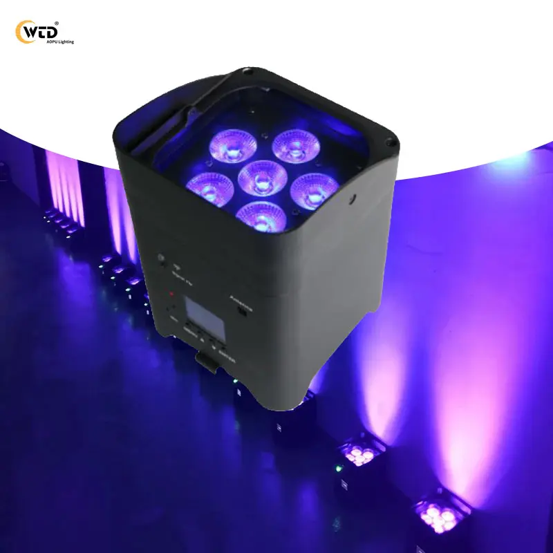 AOPU 제조업체 6*18w 6IN1 배터리 전원 및 무선 LED Rgbwa uv 파 웨딩 파티 이벤트를위한 무대 조명 가능