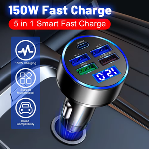 ที่ชาร์จไฟในรถ5พอร์ต150W GAN LED จอแสดงผลดิจิตอล PD Type-C QC3.0อะแดปเตอร์ชาร์จโทรศัพท์เร็ว10W กำลังขับที่ป้องกัน OTP OVP - Product Image 4