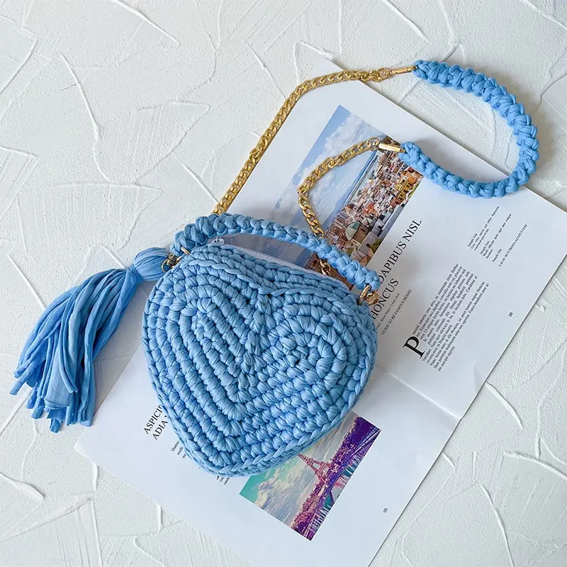 Handmade Diy tecido azul coração em forma Diy tecido mão crochet Crossbody saco