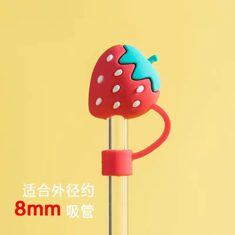 dustproof drinking straw topper decoration lids reusable straws tips covers silicone cartoon strawberry drinking straw