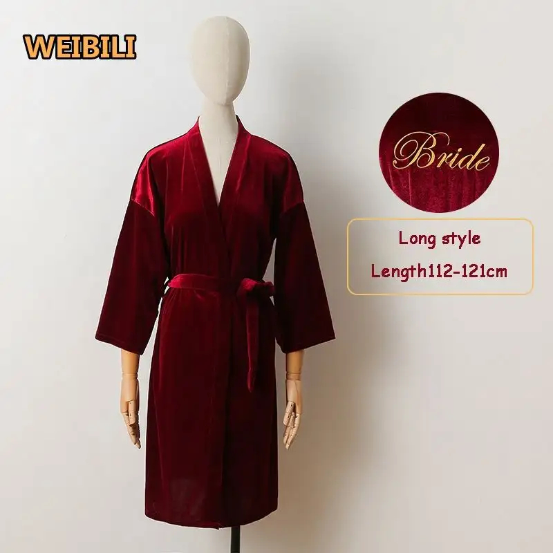 Haute Qualité De Mariage Patty Velours Robes Logo Personnalisé Broderie Demoiselle D'honneur Mariée Robe De Chambre Rouge Longue Pleuche Peignoir