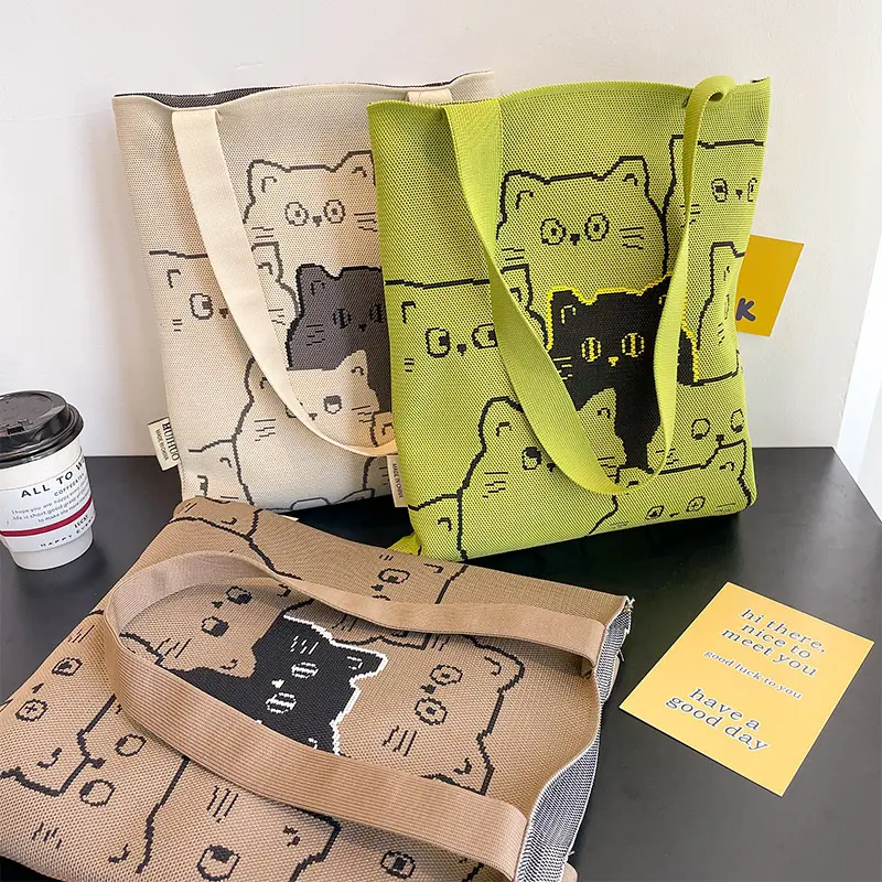 Bolsas de compras casuais elegantes com padrão de gato para mulheres, sacolas de compras portáteis para viagens fora do país, sacolas diárias com padrão de urso