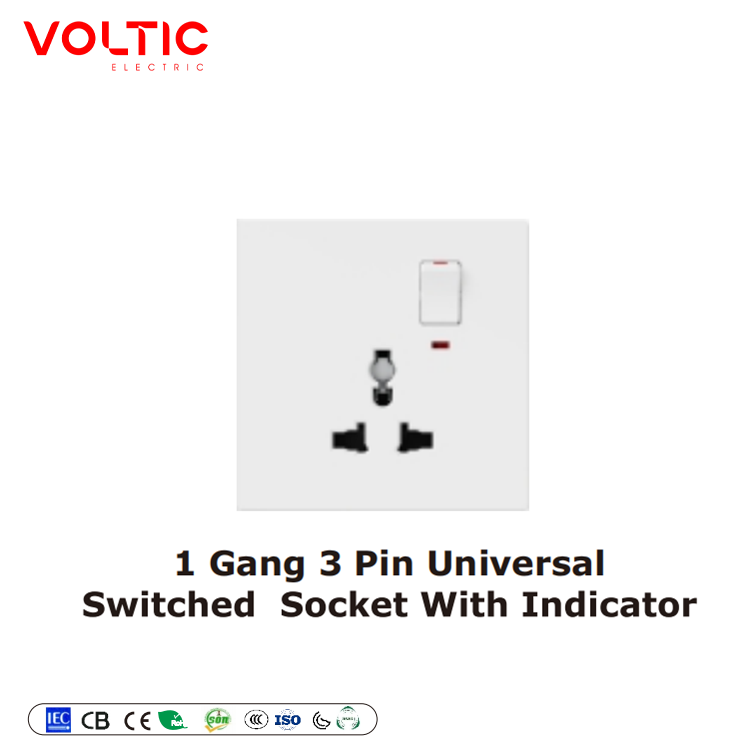 Switched 3 pin universal socket with neon