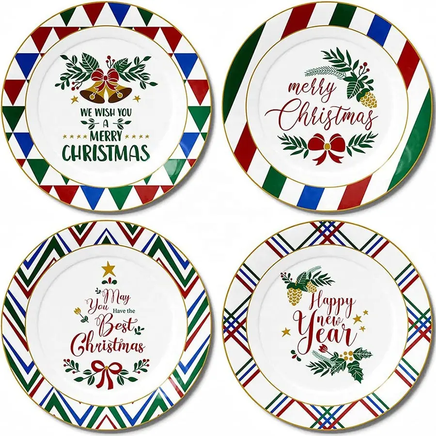Platos navideños de cerámica con diferentes patrones, 8 ", para postres, ensaladas, Juego de 4 platos de cena de cerámica, venta al por mayor