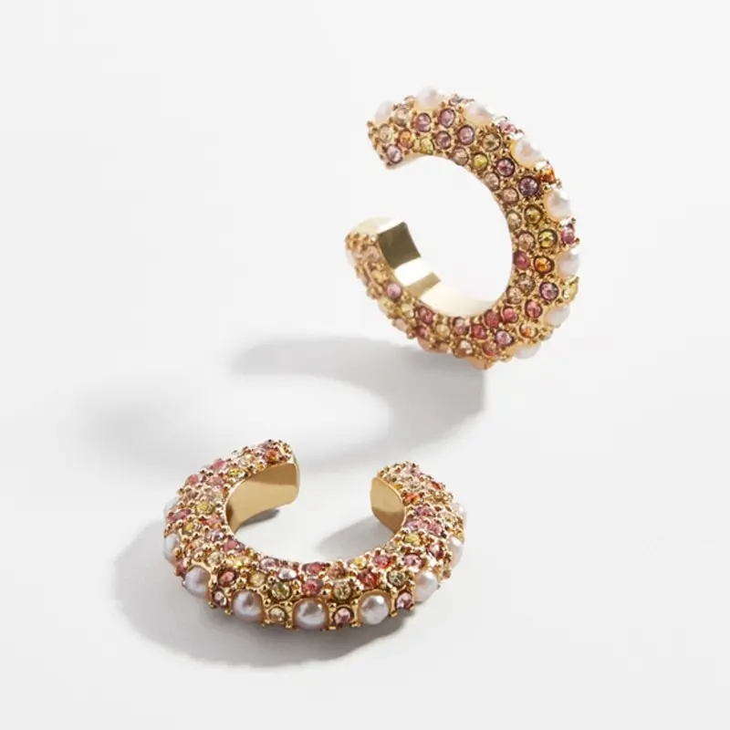 1 pc 18k Gold Plated Rhinestone No Pierced Ear Clip on Earrings C Shaped Pearl Crystal Cuff Ear Earrings For Women