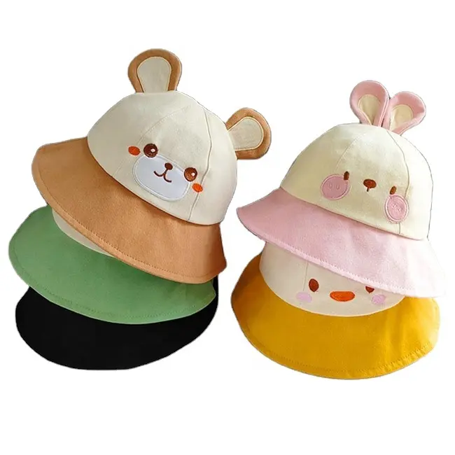 2024 modelli personalizzati di ricamo simpatico cartone animato bambino all'aperto estate sole a tesa larga per bambini cappello da sole per bambini cappelli a secchiello