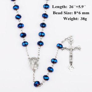 Kalung tasbih rosario, manik-manik kristal biru metalik dengan medali Tanah Suci dan Rosario salib Yesus - Product Image 6