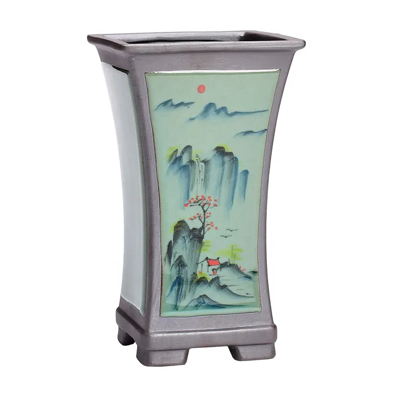Dipinto a mano di alta qualità Yixing viola sabbia di grande calibro orchidea vaso Bonsai vaso di fiori quadrato con piedi